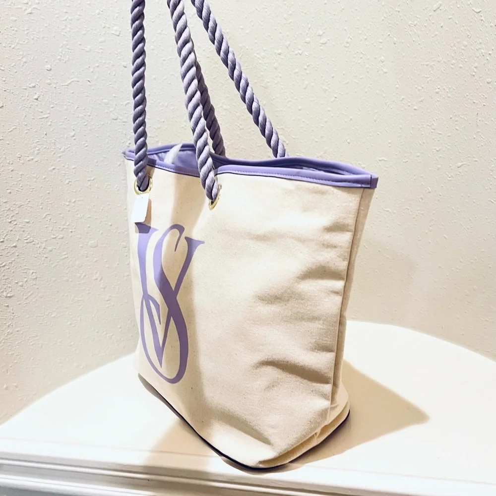 Victoria’s Secret Canvas Cream Lavender Tote Bag OS NWT